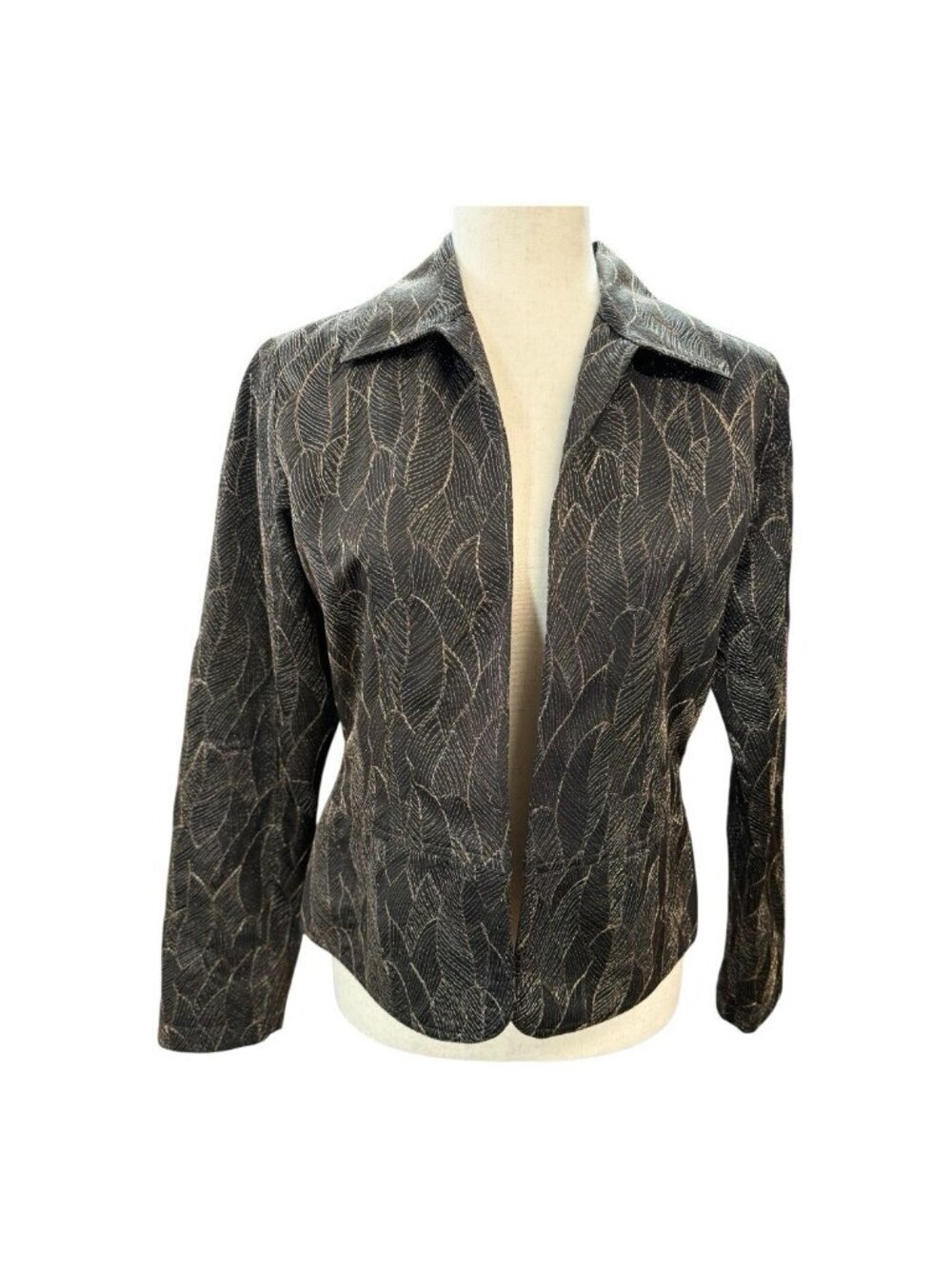 Chicos Women Gold Leaf Blazer Jacket~Size Tag Missing~Black Gold Stitching L1046